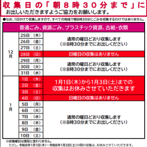 年末年始 ごみ収集のお知らせ